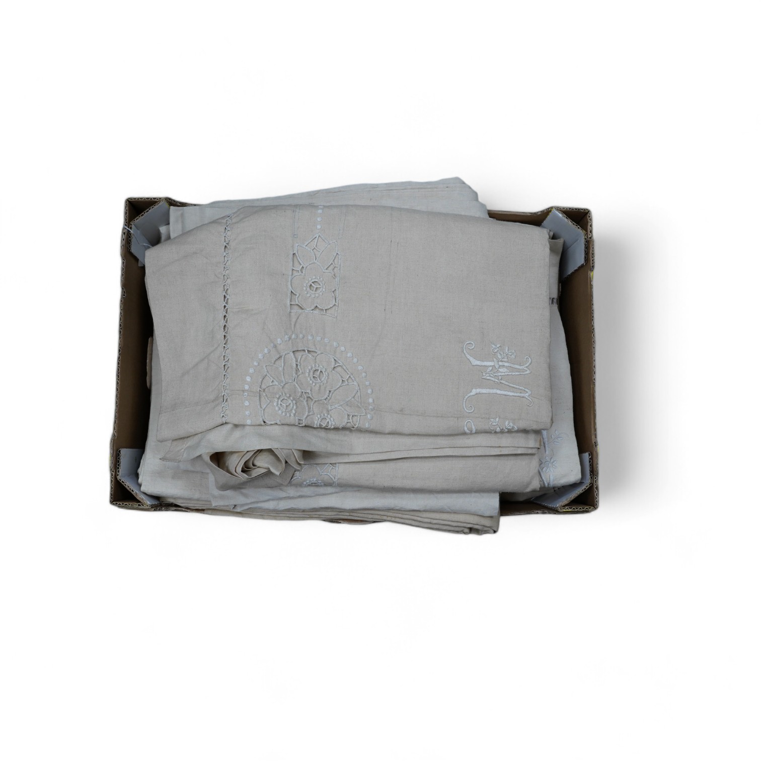 Six French provincial linen sheets with embroidered turn backs. Condition - good